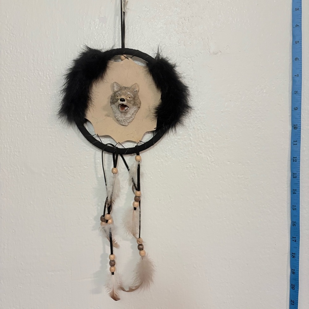 Wolf Dreamcatcher with Black Feathers
